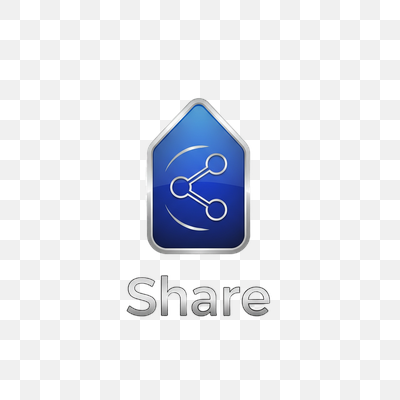 Glossy Blue Metallic Share Icon with Silver Text