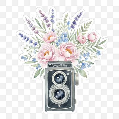 Vintage Camera with Watercolor Floral Bouquet