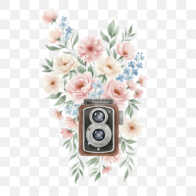 Vintage Camera with Watercolor Floral Bouquet
