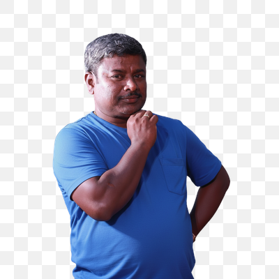 Thoughtful Middle-Aged Man in Blue T-Shirt