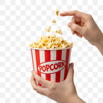 Hands Dropping Popcorn into a Classic Striped Bucket