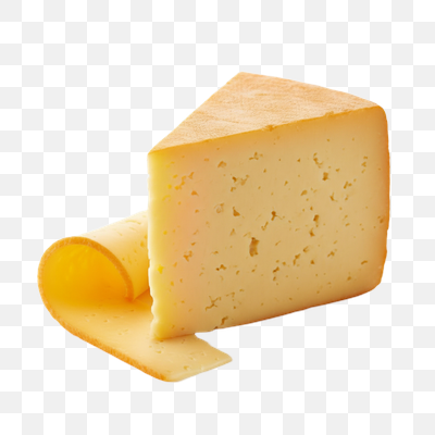 Golden Cheese Wedge and Curled Slice on White