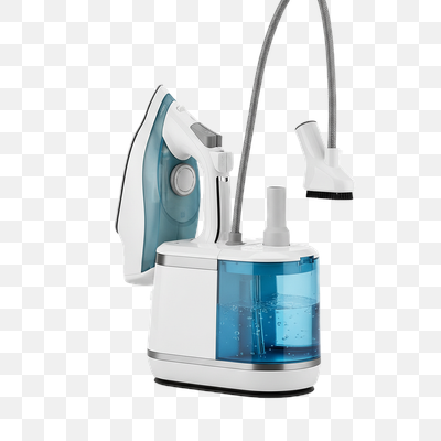 Modern White and Blue Steam Ironing System with Garment Steamer Attachment