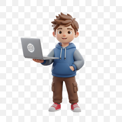 Cheerful 3D Cartoon Boy with Laptop