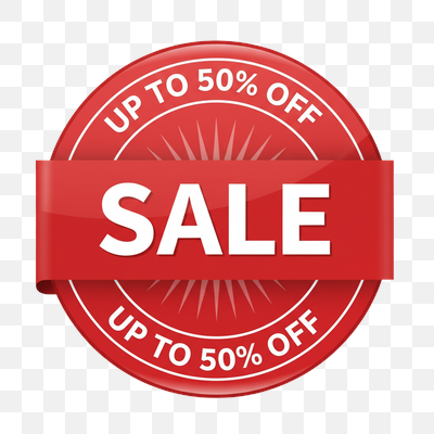 Vibrant Red 'SALE Up To 50% Off' Promotional Badge