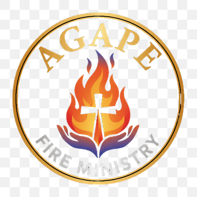 Agape Fire Ministry Emblem: Cross, Flame, and Hands Logo