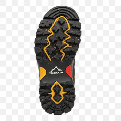 Rugged Black Hiking Boot Sole with Yellow Accents and Trailblazer Logo