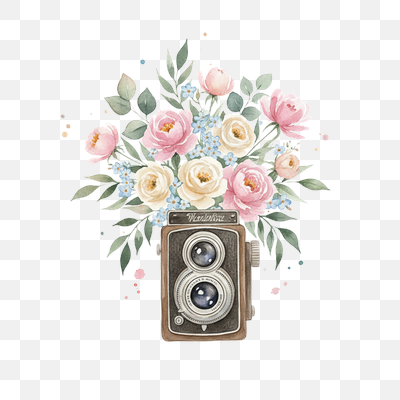 Vintage Camera with Watercolor Floral Bouquet