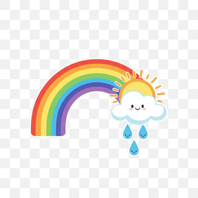 Happy Rainbow with Smiling Sun, Cloud, and Raindrops
