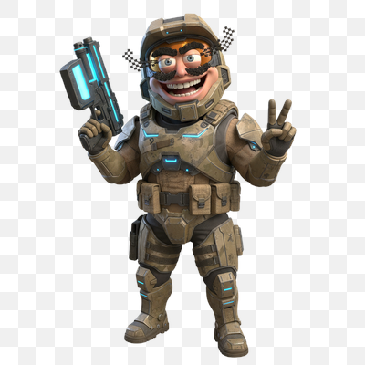 Exaggerated Space Marine Character with Futuristic Weapon and Peace Sign