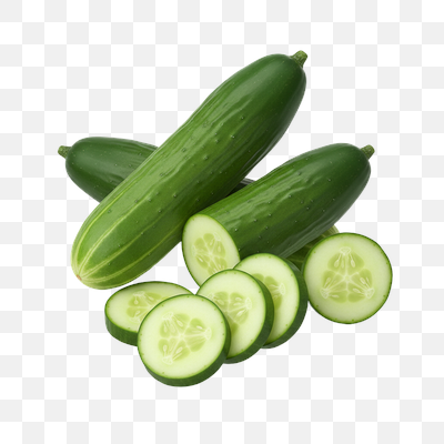 Fresh Whole and Sliced Cucumbers on Transparent Background