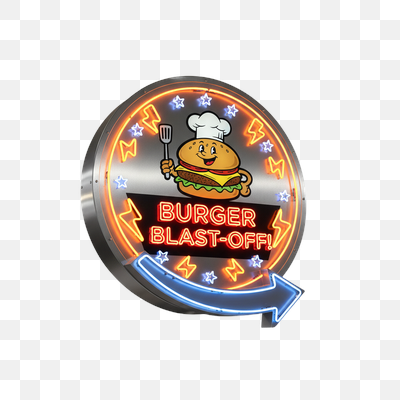 Vibrant 'Burger Blast-Off!' Retro Neon Sign with Cartoon Chef
