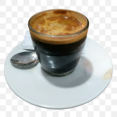 Rich Espresso in a Glass Cup with Saucer and Spoon