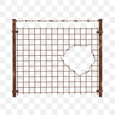 Rusty Wire Mesh Fence with Barbed Wire and Hole on White Background