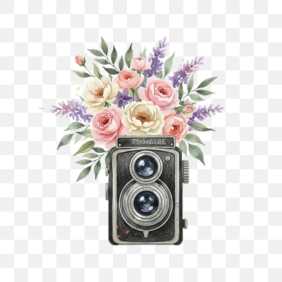 Vintage Camera with Watercolor Floral Bouquet