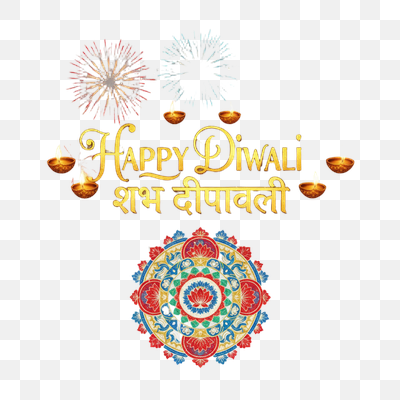 Happy Diwali Greeting with Golden Text, Diyas, Fireworks, and Mandala