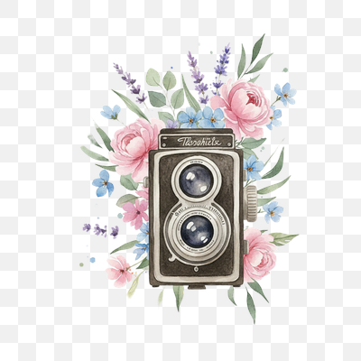 Vintage Camera with Whimsical Watercolor Floral Arrangement