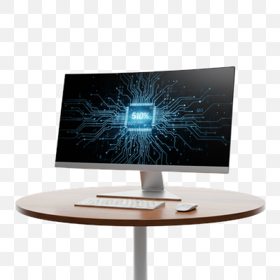 Modern Monitor with Digital Circuitry on Wooden Table