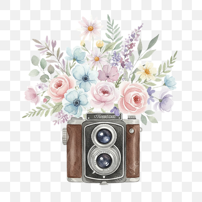 Vintage Camera with Pastel Floral Bouquet Watercolor