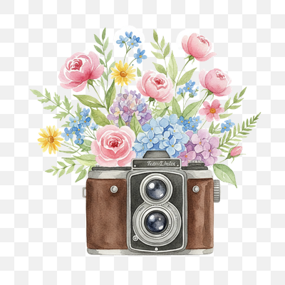 Vintage Camera with Watercolor Floral Bouquet