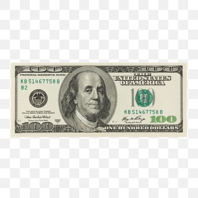 Front View of a US 100 Dollar Bill on Transparent Background