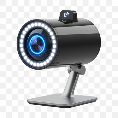 Sleek Black Security Camera with LED Ring and Blue Accent