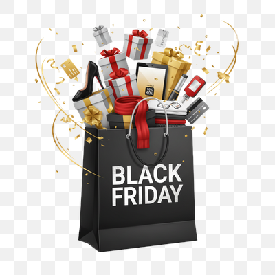 Black Friday Extravaganza: Gifts and Deals Bursting from a Shopping Bag