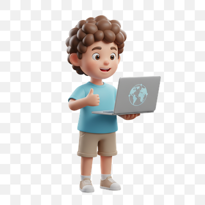 Cheerful 3D Cartoon Boy with Laptop and Thumbs-Up