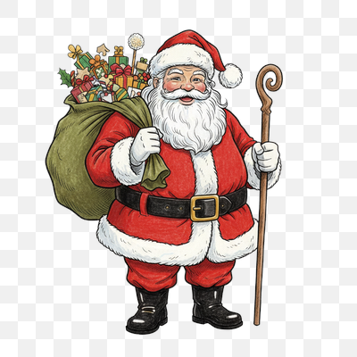 Cheerful Santa Claus with Gift Sack and Staff
