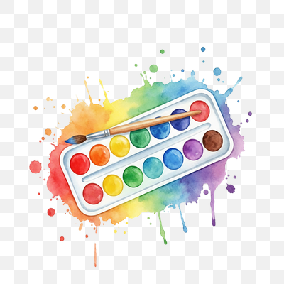 Vibrant Watercolor Palette with Brush and Rainbow Splashes