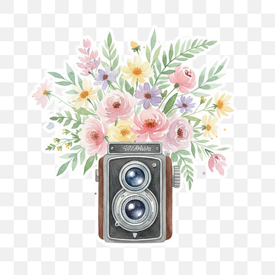 Vintage Camera with Pastel Floral Bouquet Watercolor