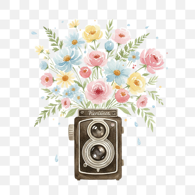 Vintage Camera with Watercolor Floral Bouquet