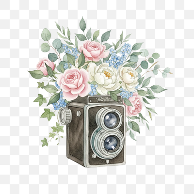 Romantic Vintage Camera with Watercolor Floral Bouquet