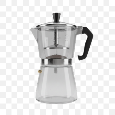 Transparent Glass Moka Pot with Coffee Grounds on White Background