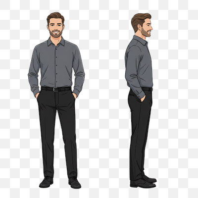 Cartoon Man in Grey Shirt and Black Pants: Front and Side View