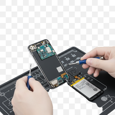 Hands Repairing a Disassembled Smartphone on a Tech Mat