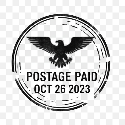Distressed Black Postage Paid Eagle Stamp with October 26, 2023 Date