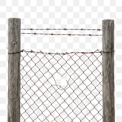 Isolated Old Rusty Fence with Barbed Wire and Broken Mesh