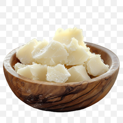 Raw Shea Butter Chunks in Rustic Wooden Bowl