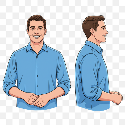 Smiling Man in Blue Shirt: Front and Side View Illustration