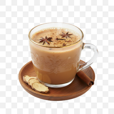 Steaming Chai Latte with Aromatic Spices on a Wooden Saucer
