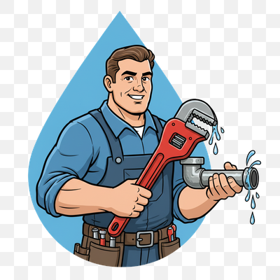 Friendly Plumber with Wrench and Leaking Pipe