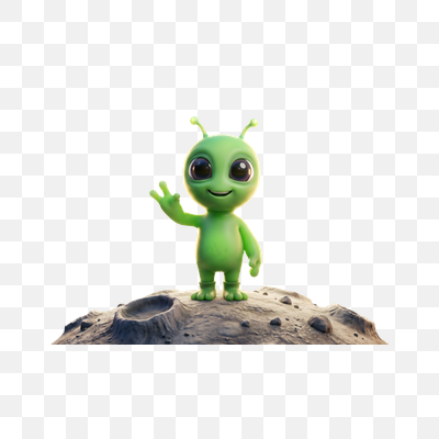 Cute Green Alien Waving on Lunar Surface