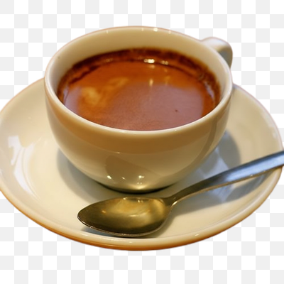 Rich Espresso in a White Cup with Spoon on a Wooden Table