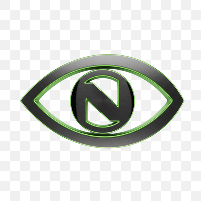 Sleek 3D Metallic Eye Icon with Green 'N' Symbol