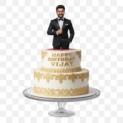 Elegant Two-Tier Birthday Cake with Custom Tuxedo Man Topper for Vijay