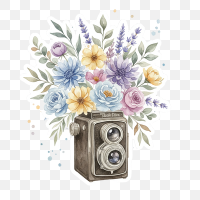 Timeless Blooms: Vintage Camera and Watercolor Flowers