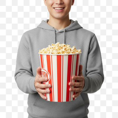 Happy Moviegoer with a Giant Popcorn Bucket
