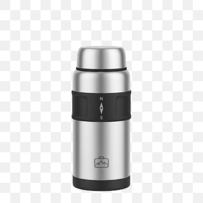 Modern Silver and Black Insulated Thermos with Compass Detail and Steam