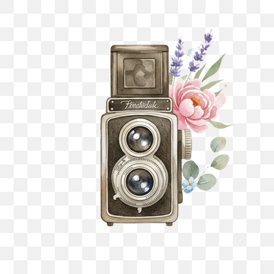 Vintage Camera with Peony and Lavender Watercolor